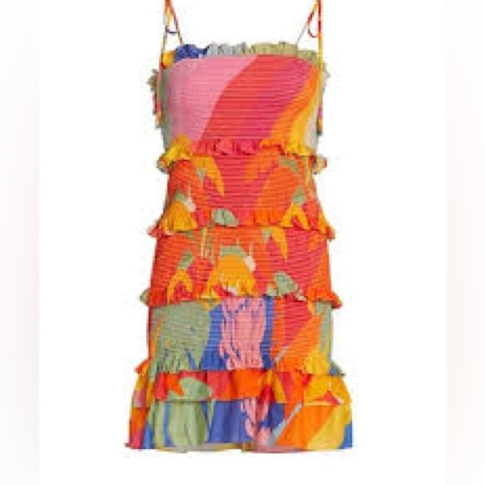 Farm Rio “Tropical Sunset” Smocked Ruffle Mini Dress Size L - Picture 4 of 8